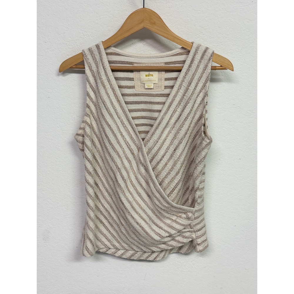 Maeve by Anthropologie Striped Wrap Front Sleeveless Top Cream Tan Medium